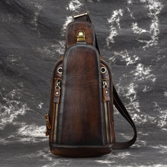 Vintage Tan Leather Men's Chest Bag One Shoulder Backpack Sling Bag For Men - imessengerbags