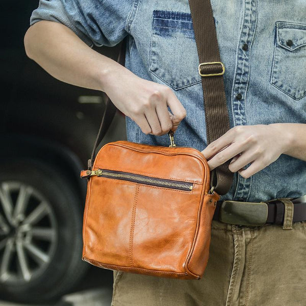 Fashion Black Leather Men Small Vertical Messenger Bag Side Bag Brown Courier Bag For Men - imessengerbags