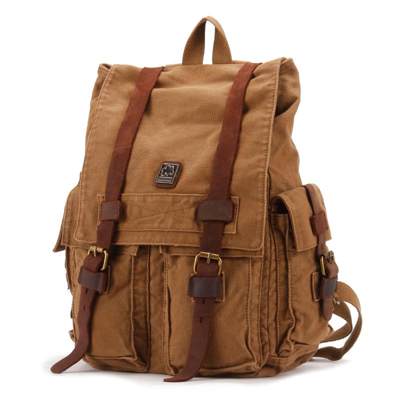 Brown CANVAS Mens Fashion Khaki 16'' Large Travel Bag College Backpack Hiking Backpack For Men - imessengerbags