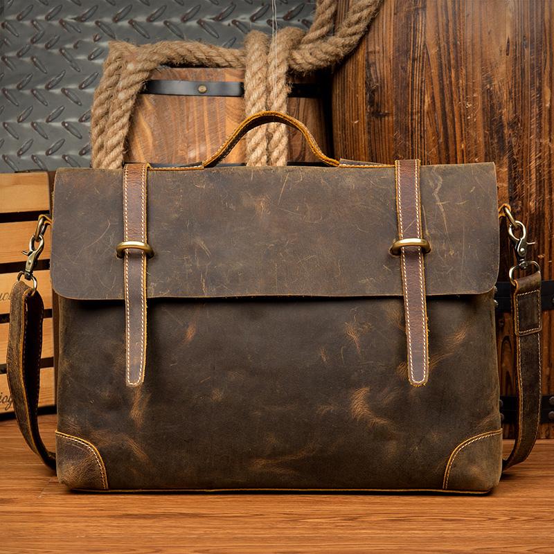 Vintage Dark Brown Leather 15 inches Briefcase Messenger Bags Work Side Bags for Men