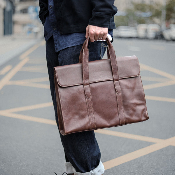 Vintage Black Mens Leather Briefcases Work Handbag Brown 14'' Computer Briefcases For Men - imessengerbags