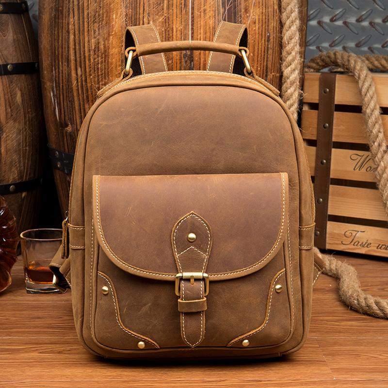 Fashion Light Brown Mens Leather 12-inch Small Backpacks Travel Backpack School Backpacks for men