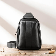 Casual Black Leather Mens Sling Bag Black Sling Pack One Shoulder Backpack for Men