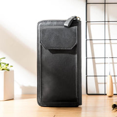 Black Cool Leather Mens Long Wallets Bifold Zipper Gray Long Wallet Card Wallet for Men - imessengerbags