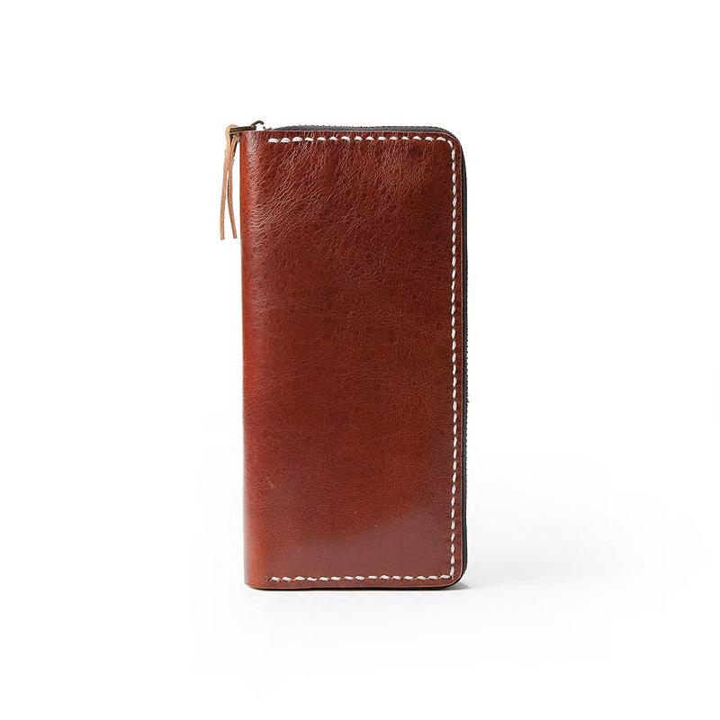 Dark Brown Handmade Leather Mens Long Wallet Zipper Bifold Long Clutch Wallets For Men - imessengerbags
