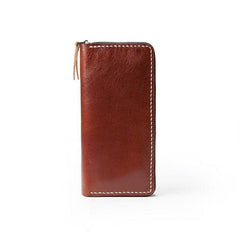 Dark Brown Handmade Leather Mens Long Wallet Zipper Bifold Long Clutch Wallets For Men - imessengerbags