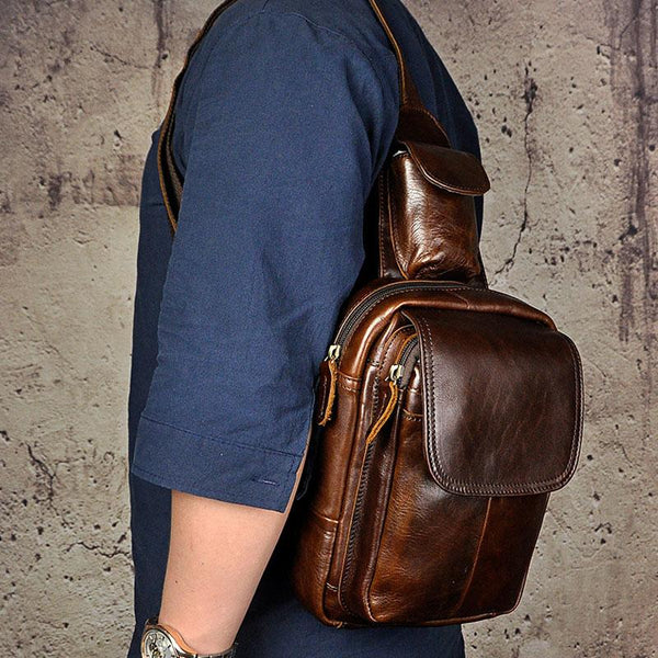 Leather Mens Sling Bag One Shoulder Backpack Chest Bag Sling Backpack for men - imessengerbags