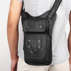 Black Leather Men's Sling Bag Shoulder Bag Chest Bag One Shoulder Backpack For Men - imessengerbags