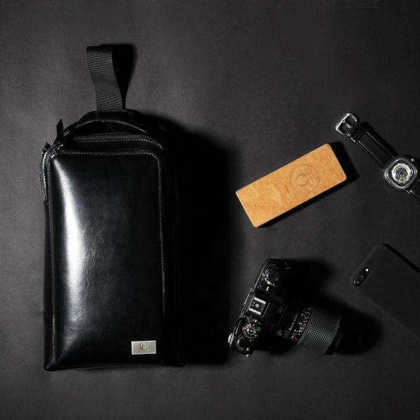 Cool Leather Men's Black Sling Bag One Shoulder Backpack Chest Bag For Men - imessengerbags