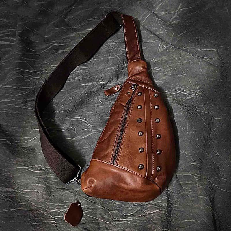Badass Brown Leather Men's Sling Bags Chest Bag Brown One shoulder Backpack Sling Bag For Men - imessengerbags