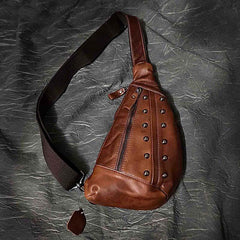 Badass Brown Leather Men's Sling Bags Chest Bag Brown One shoulder Backpack Sling Bag For Men - imessengerbags