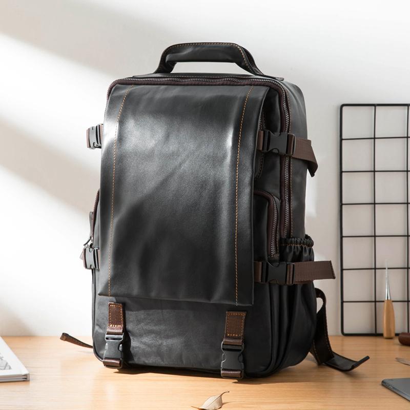 Cool Black Leather Mens 13-inch Computer Backpacks Business Black Travel Backpacks College Backpack for men