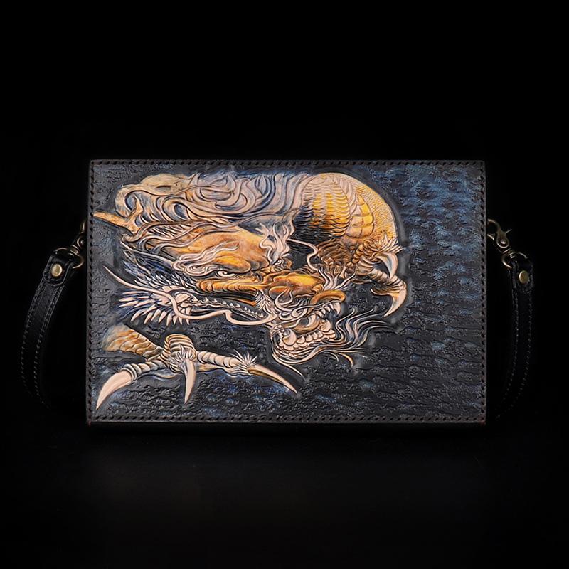 Handmade Black Tooled Chinese Dragon Leather Clutch Wristlet Bag Messenger Bags Side Bag For Men - imessengerbags