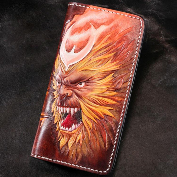 Handmade Leather Men Tooled Monkey King Cool Leather Wallet Long Phone Wallets for Men - imessengerbags