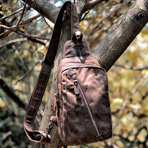 Cool Canvas Leather Mens Waterproof Sling Bag Chest Bag One Shoulder Bag for Men - imessengerbags