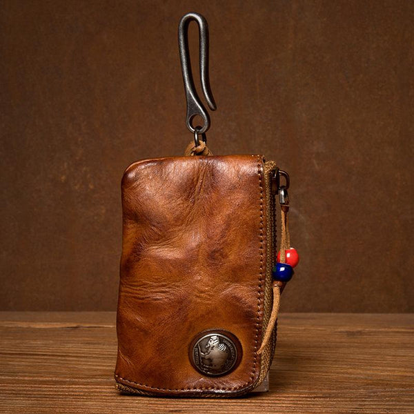 Black Leather Mens Small Car Key Wallet Brown Key Holder Coin Purse Brown Card Holder For Men