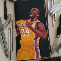 Badass Black Leather Men's Kobe Bryant Yellow Jersey Long Biker Wallet Handmade Tooled Zipper Long Wallet For Men