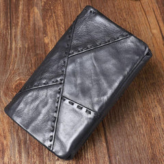 Cool Leather Mens Black Buckle Long Wallet Black Long Trifold Vertical Wallet for Men - imessengerbags