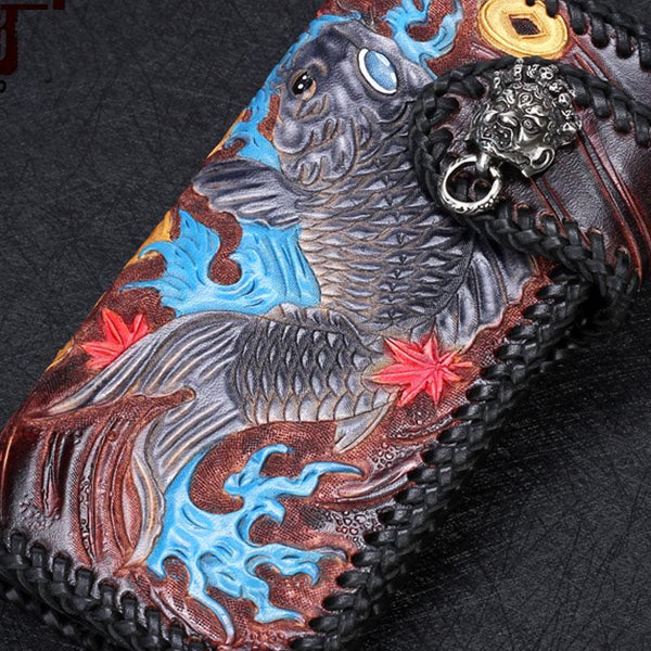 Handmade Leather Carp Mens Chain Biker Wallet Cool Leather Wallet With Chain Wallets for Men - imessengerbags