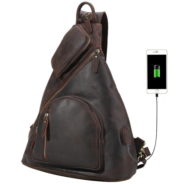 Vintage Large Brown Leather Men's Sling Bag Chest Bag One Shoulder Backpack For Men - imessengerbags