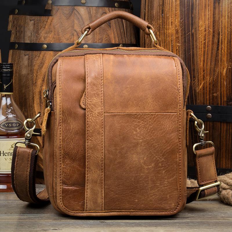 Casual Brown  Leather 10 inches Small Vertical Messenger Bag Crossbody Side Bag for Men