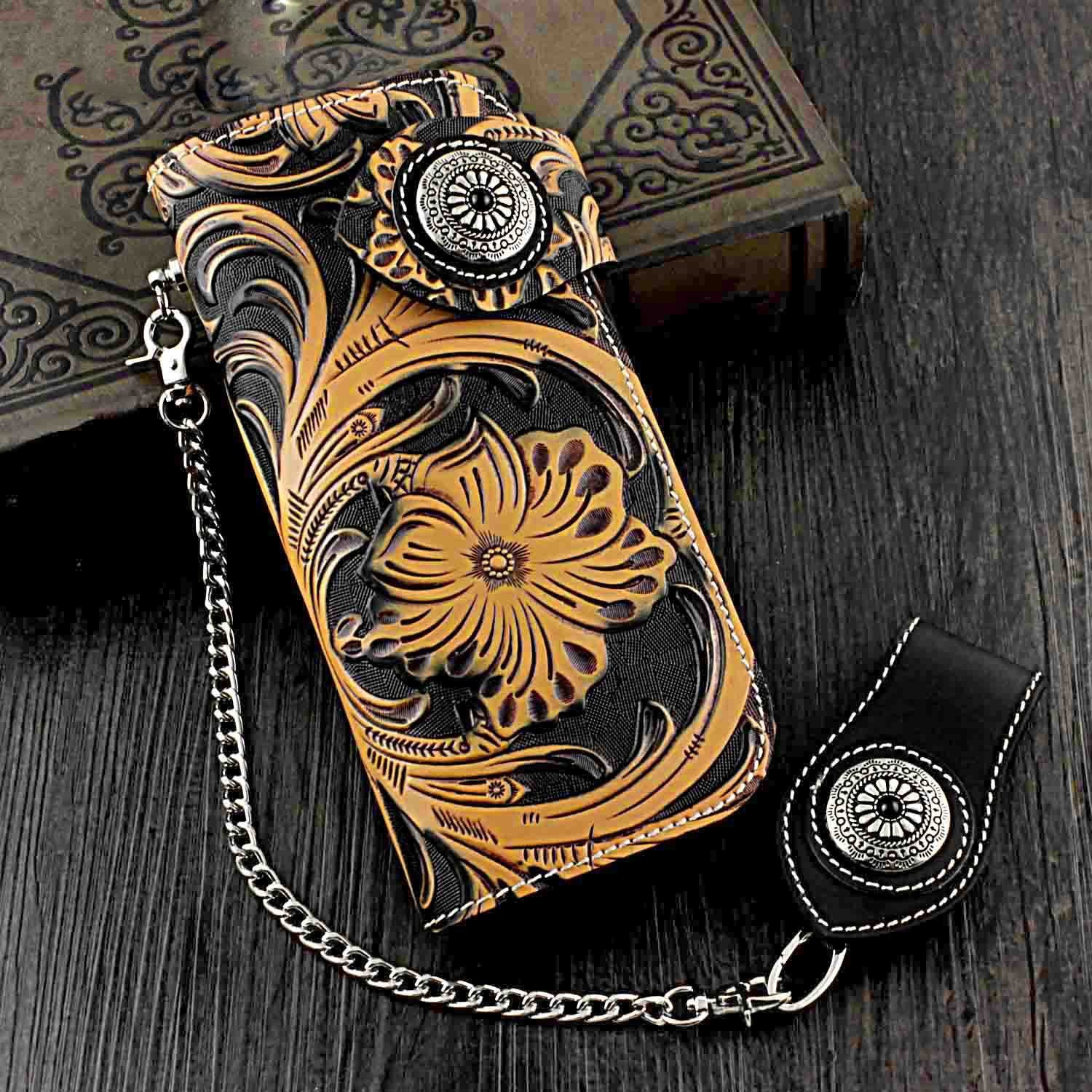 Badass Black Leather Men's Long Biker Chain Wallet Tooled Long Wallet with Chain For Men - imessengerbags