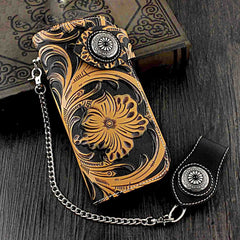 Badass Black Leather Men's Long Biker Chain Wallet Tooled Long Wallet with Chain For Men - imessengerbags