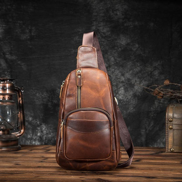 Badass Brown Leather Men's Sling Bag Chest Bag Vintage 8-inches One shoulder Backpack For Men