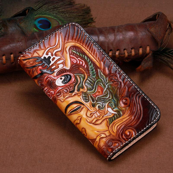 Handmade Leather Mens Clutch Wallet Cool Buddha&Demon Tooled Wallet Long Zipper Wallets for Men - imessengerbags