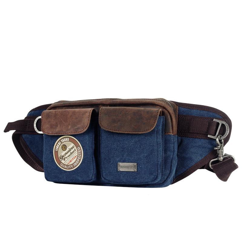 Navy Blue Canvas Leather Fanny Pack Men's Brown Chest Bag Canvas Sling Hip Bag Waist Bag For Men - imessengerbags