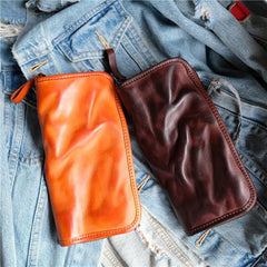 Vintage Brown Leather Men's Long Wallet Black Clutch Wallet Zipper Long Wallet For Men - imessengerbags