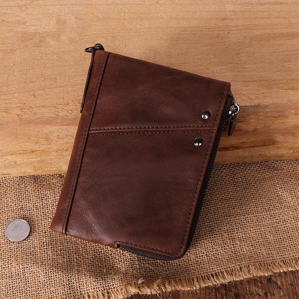 RFID Cool Brown Leather Men's Bifold Small Wallet Zipper billfold Wallet For Men - imessengerbags