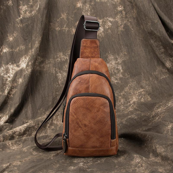 Brown Cool LEATHER MENS Sling Bag One Shoulder Backpack Blue Chest Bag Sports Bag For Men