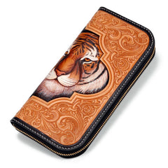 Handmade Leather Mens Clutch Wallet Cool Floral Tiger Tooled Wallet Long Zipper Wallets for Men - imessengerbags