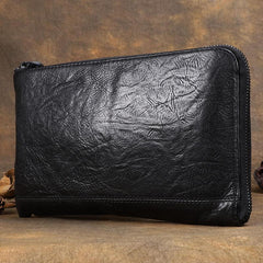 Handmade Cool Leather Mens Black Long Wallet Wirstlet Bag Black Zipper Clutch Wallet for Men - imessengerbags