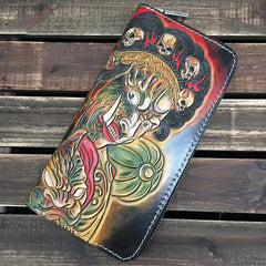 Handmade Black Wolf Tooled Leather Long Wallet Mahākāla Clutch Zipper Wallet For Men - imessengerbags