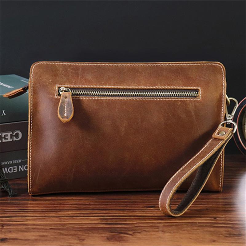 Vintage Brown Mens Clutch Wallet Leather Zipper Clutch Wristlet Purse Bag Clutch Bags For Men - imessengerbags