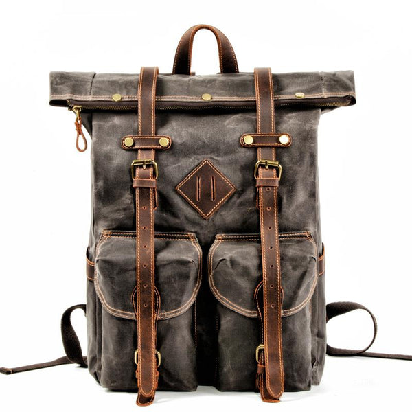 Brown Waxed Canvas Mens Waterproof Large 15'' Hiking Backpack Travel Backpack Computer Backpack for Men - imessengerbags