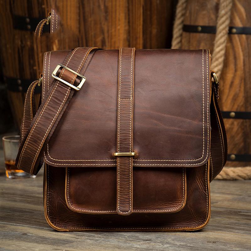 Cool Dark Brown Leather 10 inches Vertical Courier Bag Side Bags Messenger Bag for Men - imessengerbags
