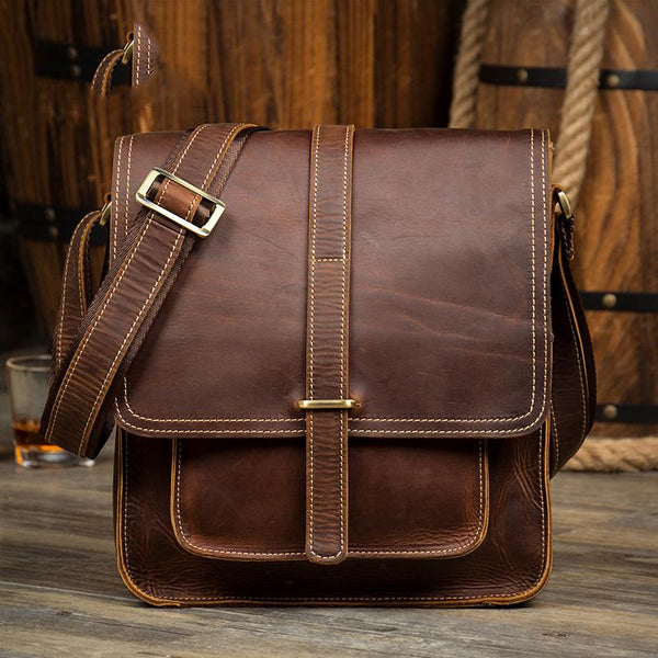 Cool Dark Brown Leather 10 inches Vertical Courier Bag Side Bags Messenger Bag for Men - imessengerbags