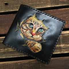 Handmade Black Tooled Leather Kitten Wolf Bifold billfold Wallet Small Wallet For Men - imessengerbags