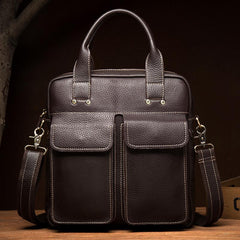 Fashion Black Leather 12 inches Vertical Briefcase Work Shoulder Bag Black Messenger Bag Computer Work Bag for Men