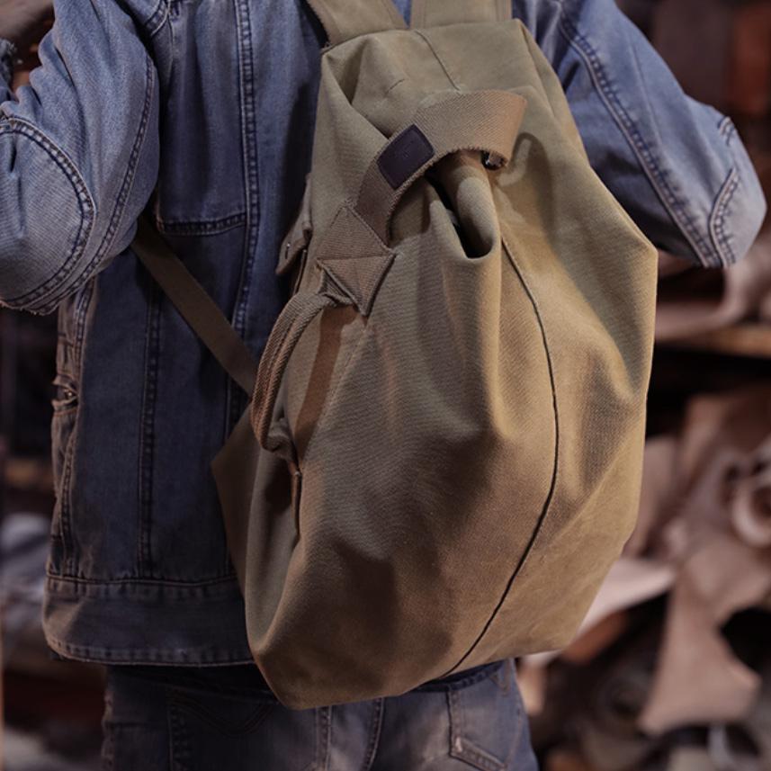 Khaki Canvas Mens Large Backpack Travel Backpack Canvas Barrel Backpack Bucket Backpack For Men - imessengerbags