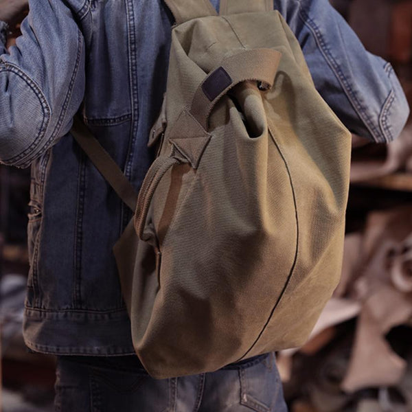 Khaki Canvas Mens Large Backpack Travel Backpack Canvas Barrel Backpack Bucket Backpack For Men - imessengerbags