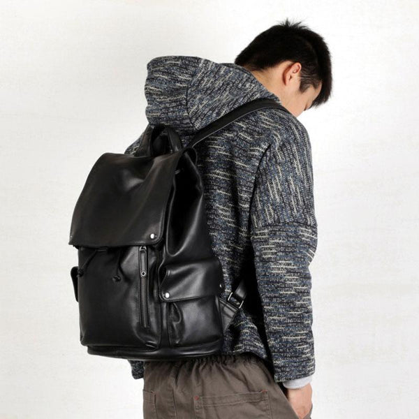 Genuine Leather Mens Cool Backpack Sling Bag Large Black Travel Bag Hiking Bag for men - imessengerbags