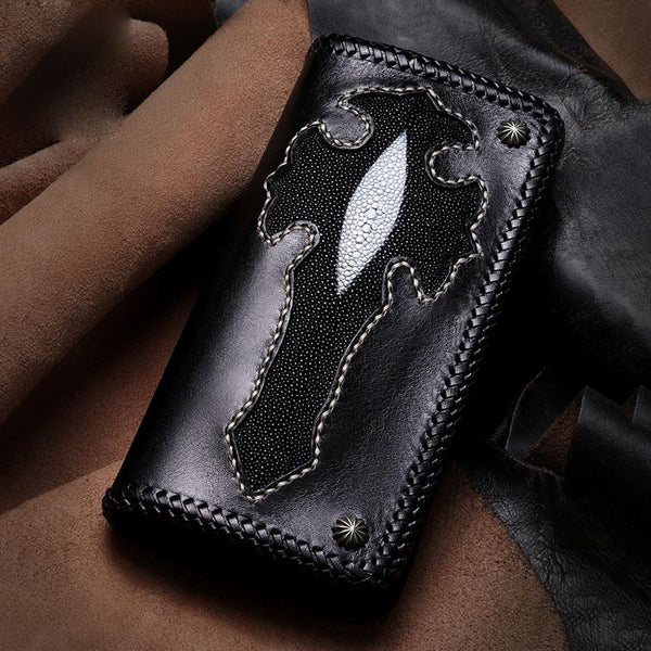 Handmade Leather Cross Mens Biker Wallet Cool Leather Wallet Long Phone Wallets for Men - imessengerbags