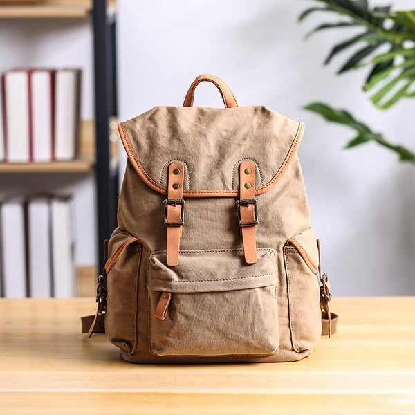 Cool Canvas Leather Mens Womens 13'' White Backpack Khaki Travel Backpack College Backpack  for Men - imessengerbags