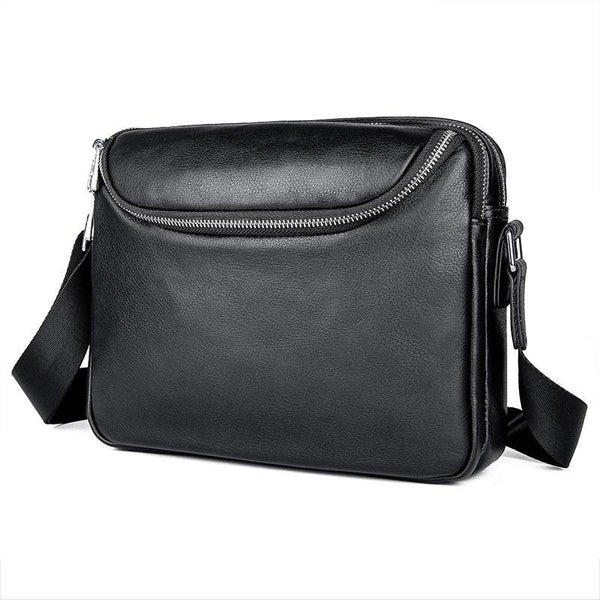 Black Cool Leather 10 inches Large Zipper Messenger Bag Handbag Shoulder Bag For Men