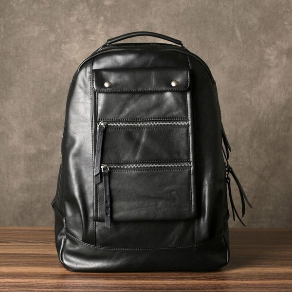 Genuine Leather Mens Cool Backpack Sling Bag Large Black Travel Bag Hiking Bag for men - imessengerbags