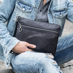 Black Cool Leather Mens Wristlet Bag Clutch Black Slim Messenger Bag Side Bag for Men